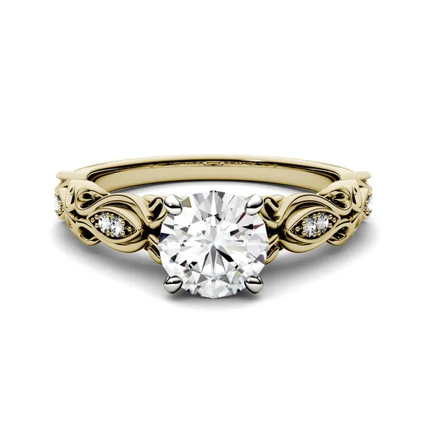 1.07 CTW DEW Round Forever One Moissanite Solitaire with Side Accents Engagement Ring in 14K Yellow Gold