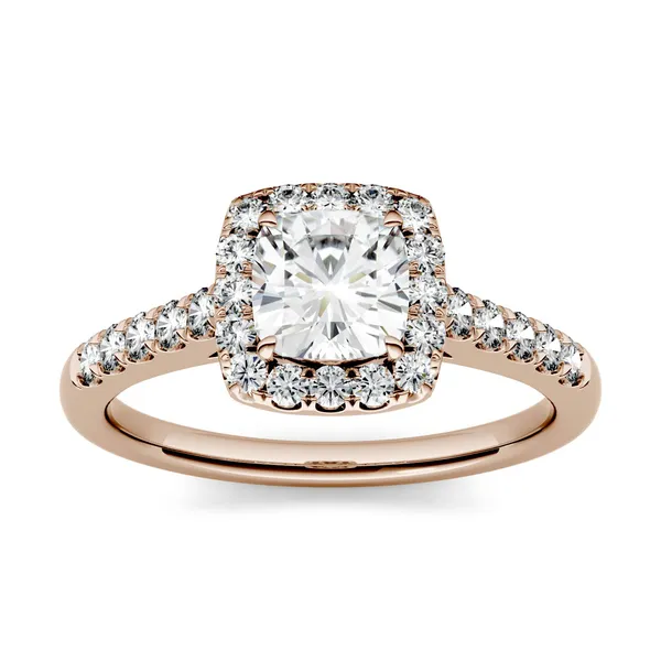 1.66 CTW DEW Cushion Forever One Moissanite Halo with Side Accents Engagement Ring in 14K Rose Gold