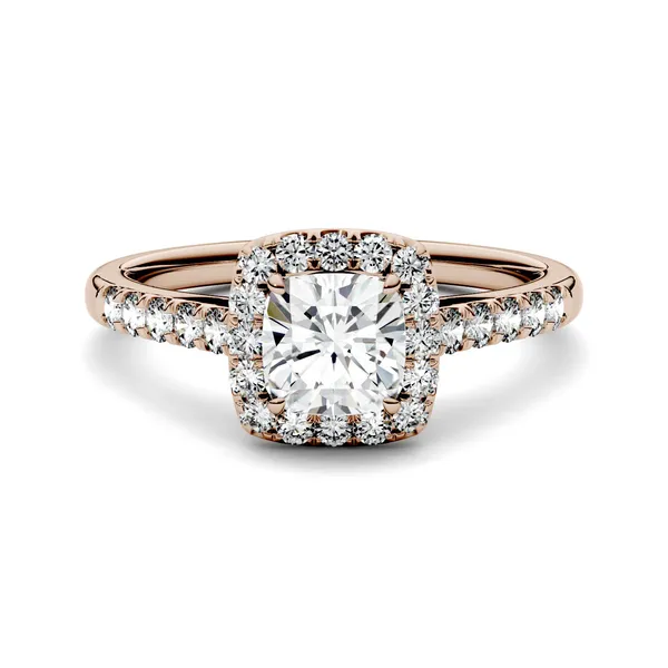 1.66 CTW DEW Cushion Forever One Moissanite Halo with Side Accents Engagement Ring in 14K Rose Gold
