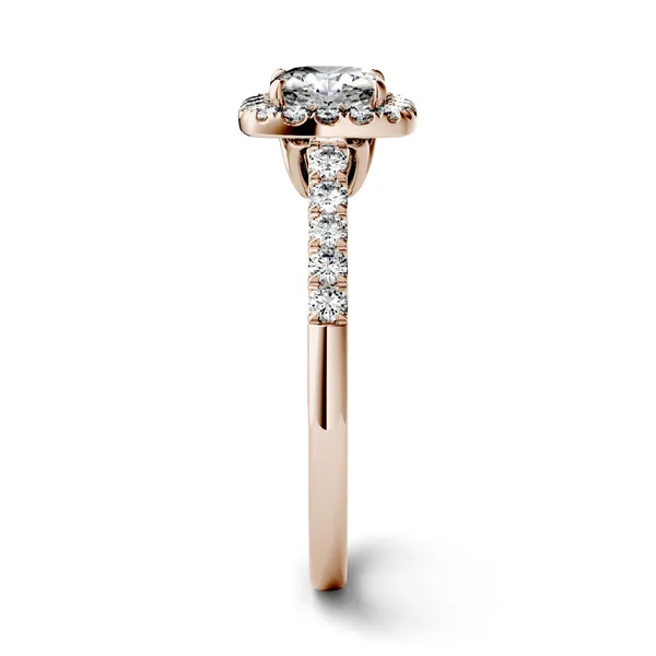 1.66 CTW DEW Cushion Forever One Moissanite Halo with Side Accents Engagement Ring in 14K Rose Gold