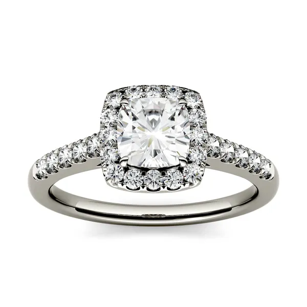 1.66 CTW DEW Cushion Forever One Moissanite Halo with Side Accents Engagement Ring in 14K White Gold