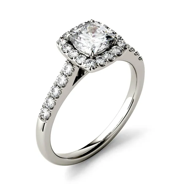 1.66 CTW DEW Cushion Forever One Moissanite Halo with Side Accents Engagement Ring in 14K White Gold