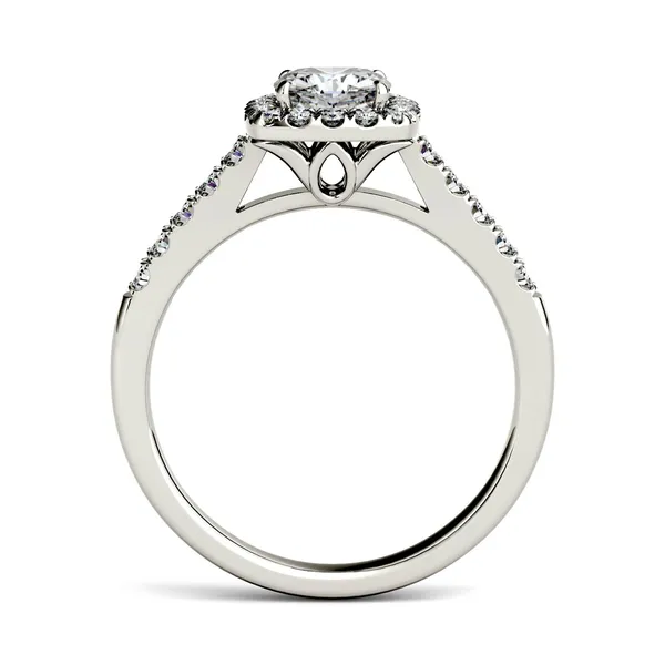 1.66 CTW DEW Cushion Forever One Moissanite Halo with Side Accents Engagement Ring in 14K White Gold