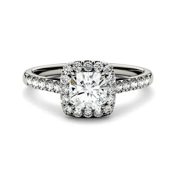 1.66 CTW DEW Cushion Forever One Moissanite Halo with Side Accents Engagement Ring in 14K White Gold