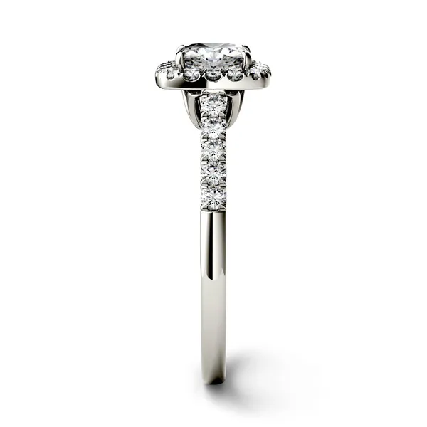 1.66 CTW DEW Cushion Forever One Moissanite Halo with Side Accents Engagement Ring in 14K White Gold