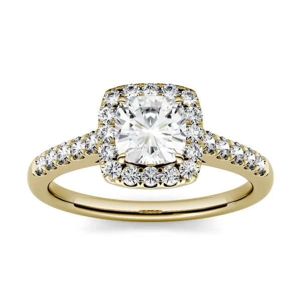 1.16 CTW DEW Cushion Forever One Moissanite Halo with Side Accents Engagement Ring in 14K Yellow Gold