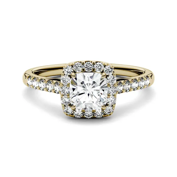 1.16 CTW DEW Cushion Forever One Moissanite Halo with Side Accents Engagement Ring in 14K Yellow Gold