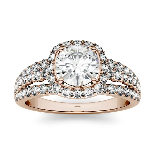 1.86 CTW DEW Round Forever One Moissanite Triple Shank Halo Engagement Ring in 14K Rose Gold