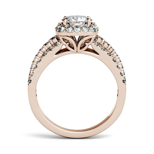 1.86 CTW DEW Round Forever One Moissanite Triple Shank Halo Engagement Ring in 14K Rose Gold