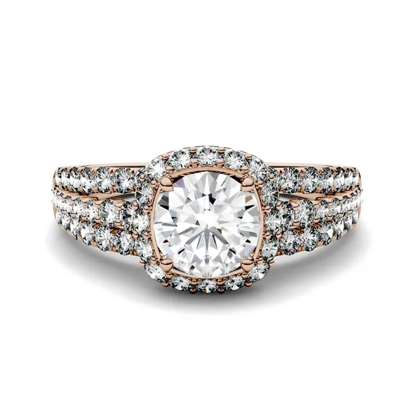 1.86 CTW DEW Round Forever One Moissanite Triple Shank Halo Engagement Ring in 14K Rose Gold