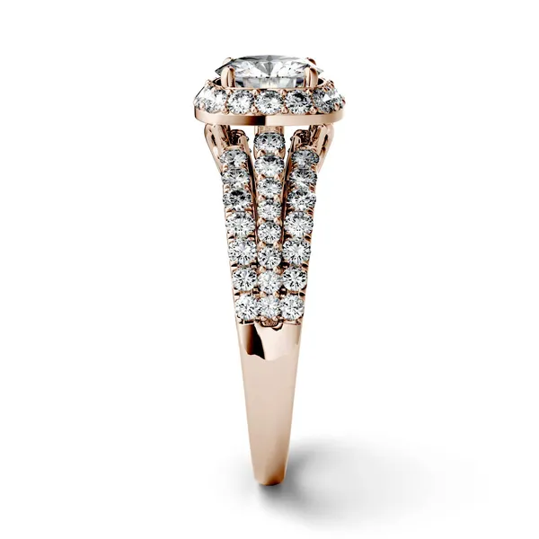 1.86 CTW DEW Round Forever One Moissanite Triple Shank Halo Engagement Ring in 14K Rose Gold