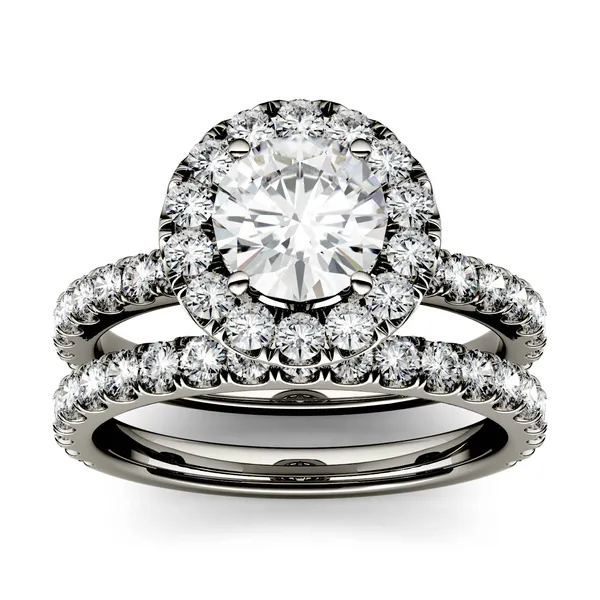 2.01 CTW DEW Round Forever One Moissanite Halo with Side Accents Bridal Ring in 14K White Gold