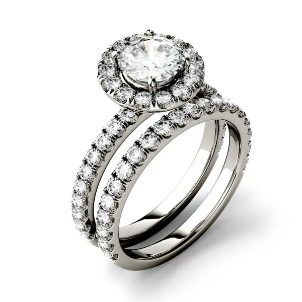 2.01 CTW DEW Round Forever One Moissanite Halo with Side Accents Bridal Ring in 14K White Gold