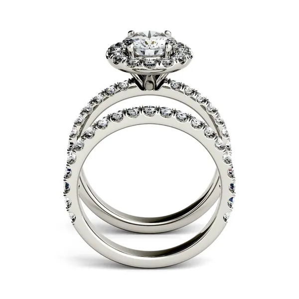 2.01 CTW DEW Round Forever One Moissanite Halo with Side Accents Bridal Ring in 14K White Gold