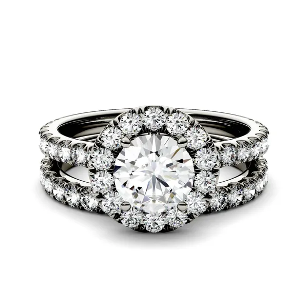 2.01 CTW DEW Round Forever One Moissanite Halo with Side Accents Bridal Ring in 14K White Gold