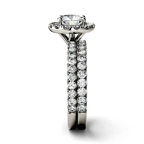 2.01 CTW DEW Round Forever One Moissanite Halo with Side Accents Bridal Ring in 14K White Gold