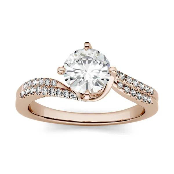 1.23 CTW DEW Round Forever One Moissanite Bypass Solitaire with Side Accents Engagement Ring in 14K Rose Gold