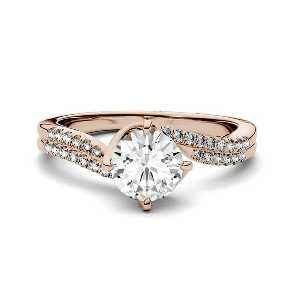 1.23 CTW DEW Round Forever One Moissanite Bypass Solitaire with Side Accents Engagement Ring in 14K Rose Gold