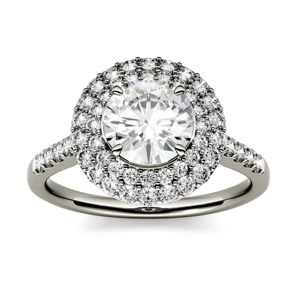 1.09 CTW DEW Round Forever One Moissanite Double Halo Engagement Ring in 14K White Gold