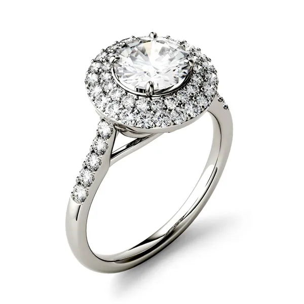 1.09 CTW DEW Round Forever One Moissanite Double Halo Engagement Ring in 14K White Gold