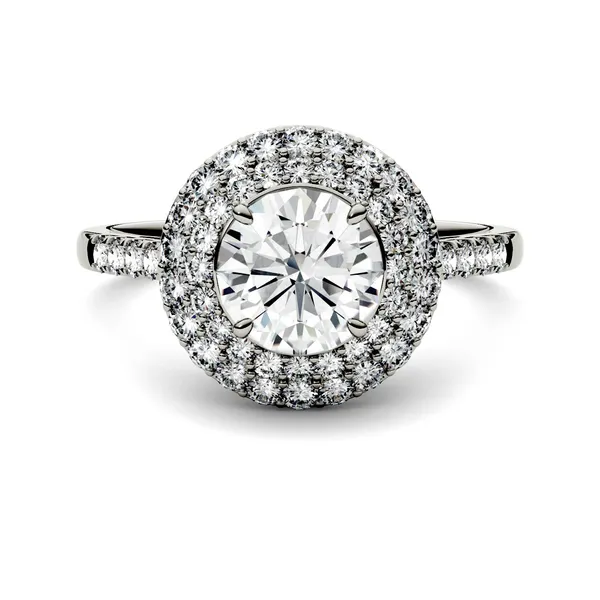 1.09 CTW DEW Round Forever One Moissanite Double Halo Engagement Ring in 14K White Gold