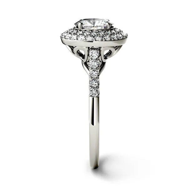 1.09 CTW DEW Round Forever One Moissanite Double Halo Engagement Ring in 14K White Gold
