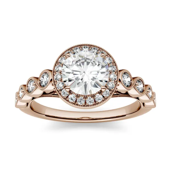 1.37 CTW DEW Round Forever One Moissanite Milgrain Halo Engagement Ring in 14K Rose Gold