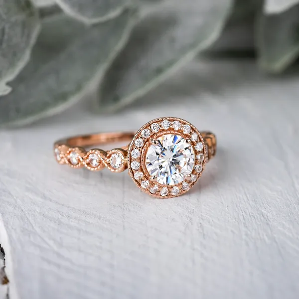 1.37 CTW DEW Round Forever One Moissanite Milgrain Halo Engagement Ring in 14K Rose Gold