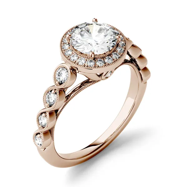 1.37 CTW DEW Round Forever One Moissanite Milgrain Halo Engagement Ring in 14K Rose Gold