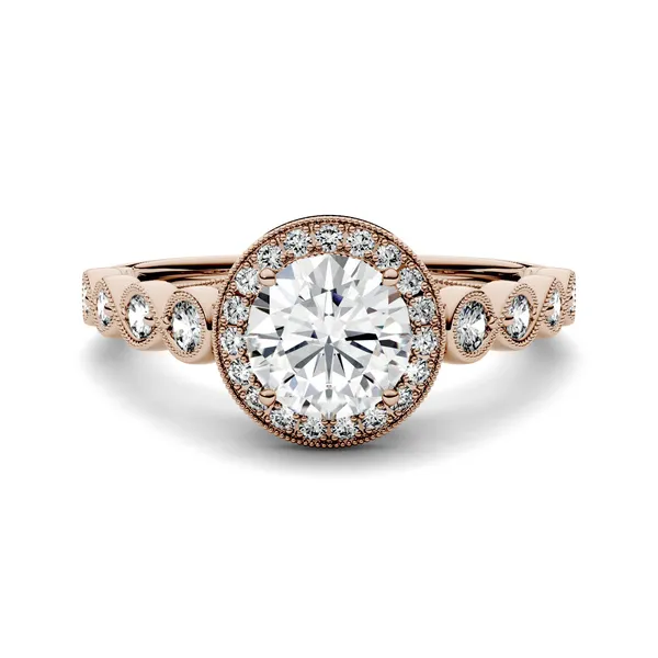 1.37 CTW DEW Round Forever One Moissanite Milgrain Halo Engagement Ring in 14K Rose Gold