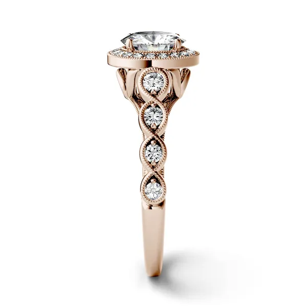 1.37 CTW DEW Round Forever One Moissanite Milgrain Halo Engagement Ring in 14K Rose Gold