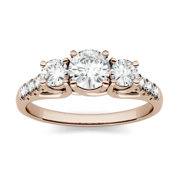 3.31 CTW DEW Round Forever One Moissanite Trellis Three Stone Ring in 14K Rose Gold