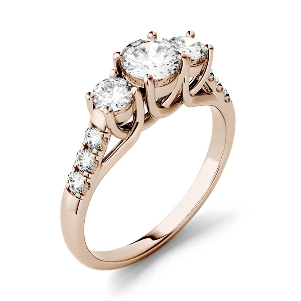 3.31 CTW DEW Round Forever One Moissanite Trellis Three Stone Ring in 14K Rose Gold