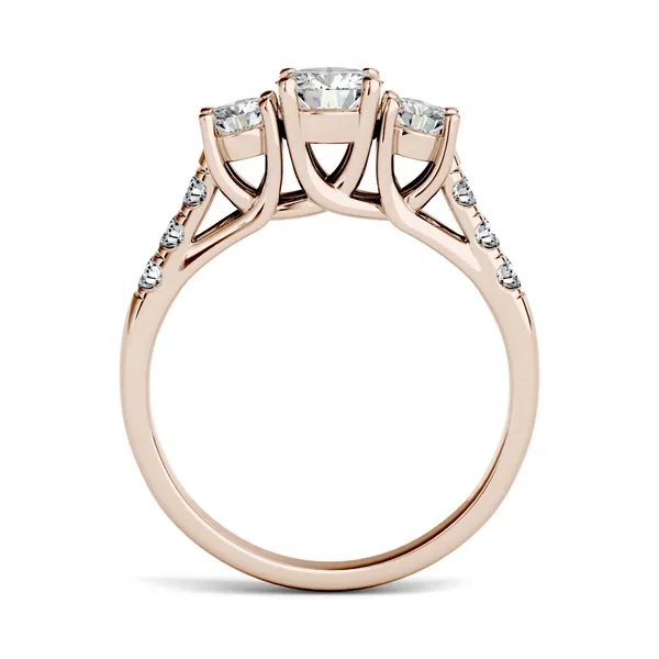 3.31 CTW DEW Round Forever One Moissanite Trellis Three Stone Ring in 14K Rose Gold