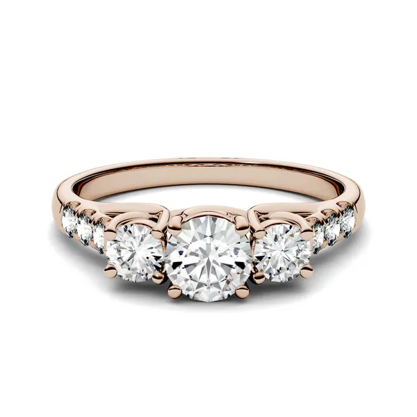 3.31 CTW DEW Round Forever One Moissanite Trellis Three Stone Ring in 14K Rose Gold