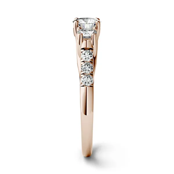 3.31 CTW DEW Round Forever One Moissanite Trellis Three Stone Ring in 14K Rose Gold