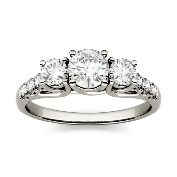 3.31 CTW DEW Round Forever One Moissanite Trellis Three Stone Ring in 14K White Gold