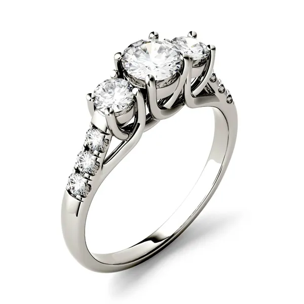 3.31 CTW DEW Round Forever One Moissanite Trellis Three Stone Ring in 14K White Gold
