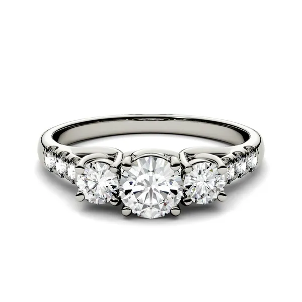 3.31 CTW DEW Round Forever One Moissanite Trellis Three Stone Ring in 14K White Gold