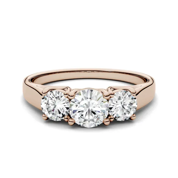 2.00 CTW DEW Round Forever One Moissanite Three Stone Trellis Ring in 14K Rose Gold