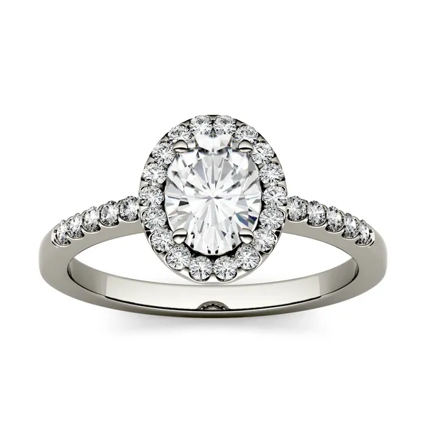 1.74 CTW DEW Oval Forever One Moissanite Halo with Side Accents Engagement Ring in 14K White Gold