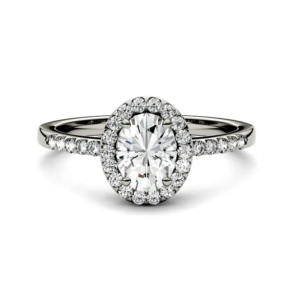 1.74 CTW DEW Oval Forever One Moissanite Halo with Side Accents Engagement Ring in 14K White Gold