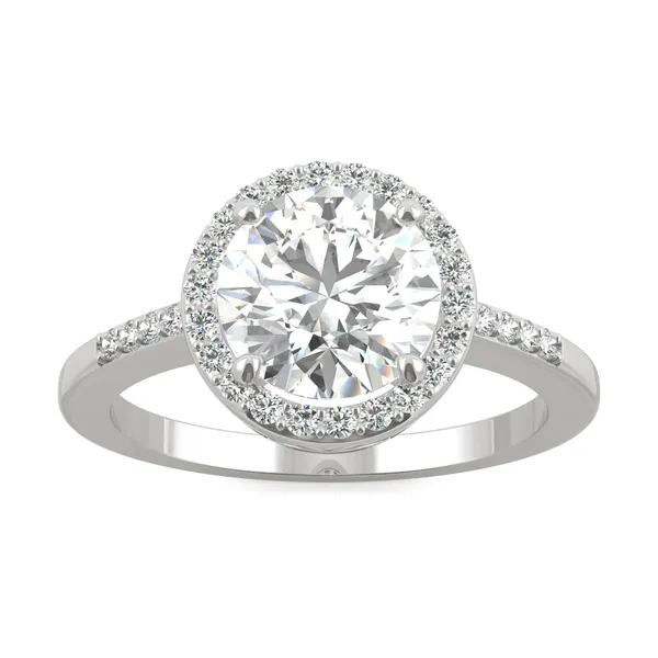 2.14 CTW DEW Round Forever One Moissanite Halo with Side Accents Engagement Ring in 14K White Gold