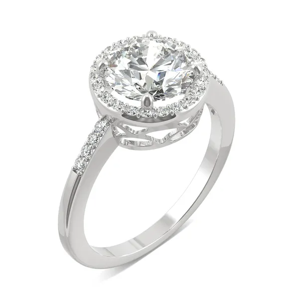 2.14 CTW DEW Round Forever One Moissanite Halo with Side Accents Engagement Ring in 14K White Gold