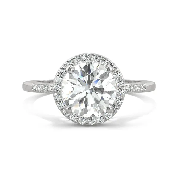 2.14 CTW DEW Round Forever One Moissanite Halo with Side Accents Engagement Ring in 14K White Gold