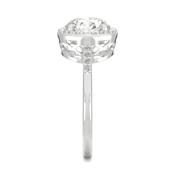 2.14 CTW DEW Round Forever One Moissanite Halo with Side Accents Engagement Ring in 14K White Gold