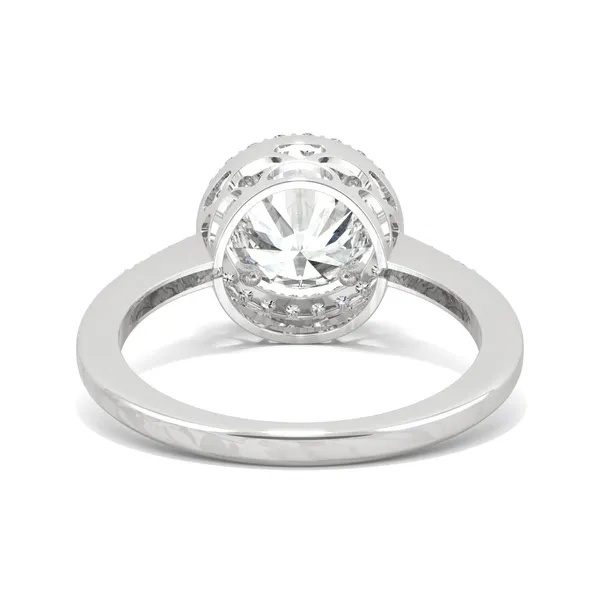 2.14 CTW DEW Round Forever One Moissanite Halo with Side Accents Engagement Ring in 14K White Gold