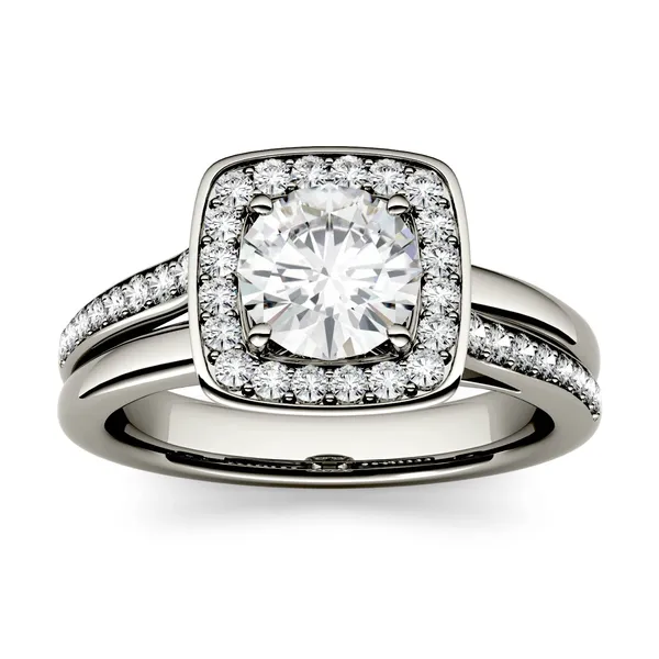 1.27 CTW DEW Round Forever One Moissanite Channel Set Halo with Side Accents Engagement Ring in 14K White Gold