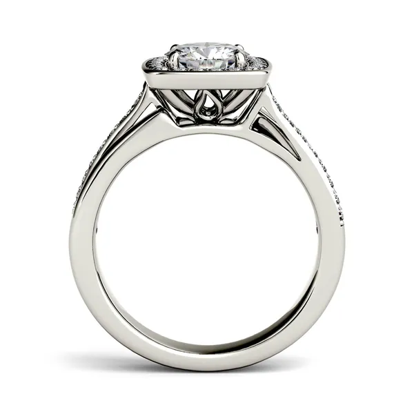 1.27 CTW DEW Round Forever One Moissanite Channel Set Halo with Side Accents Engagement Ring in 14K White Gold