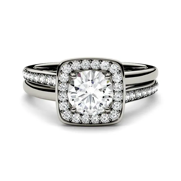 1.27 CTW DEW Round Forever One Moissanite Channel Set Halo with Side Accents Engagement Ring in 14K White Gold